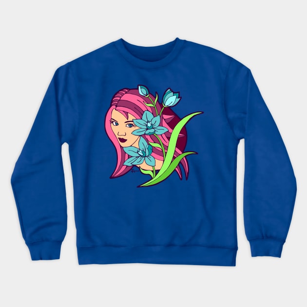 Pink Haired Girl and Blue Lilies Crewneck Sweatshirt by Julia Moon